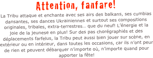 Attention, fanfare!  La Tribu attaque et enchante avec ses airs des balkans, ses cumbias dansantes, ses dances Ukrainiennes et surtout ses compositions originales, tribales, extra-terrestres… que du neuf! L’énergie et la joie de la jeunese en plus! Sur des pas chorégraphiés et des déplacements farfelus, la Tribu peut aussi bien jouer sur scène, en extérieur ou en intérieur, dans toutes les occasions, car ils n’ont peur de rien et peuvent débarquer n’importe où, n’importe quand pour apporter la fête!
